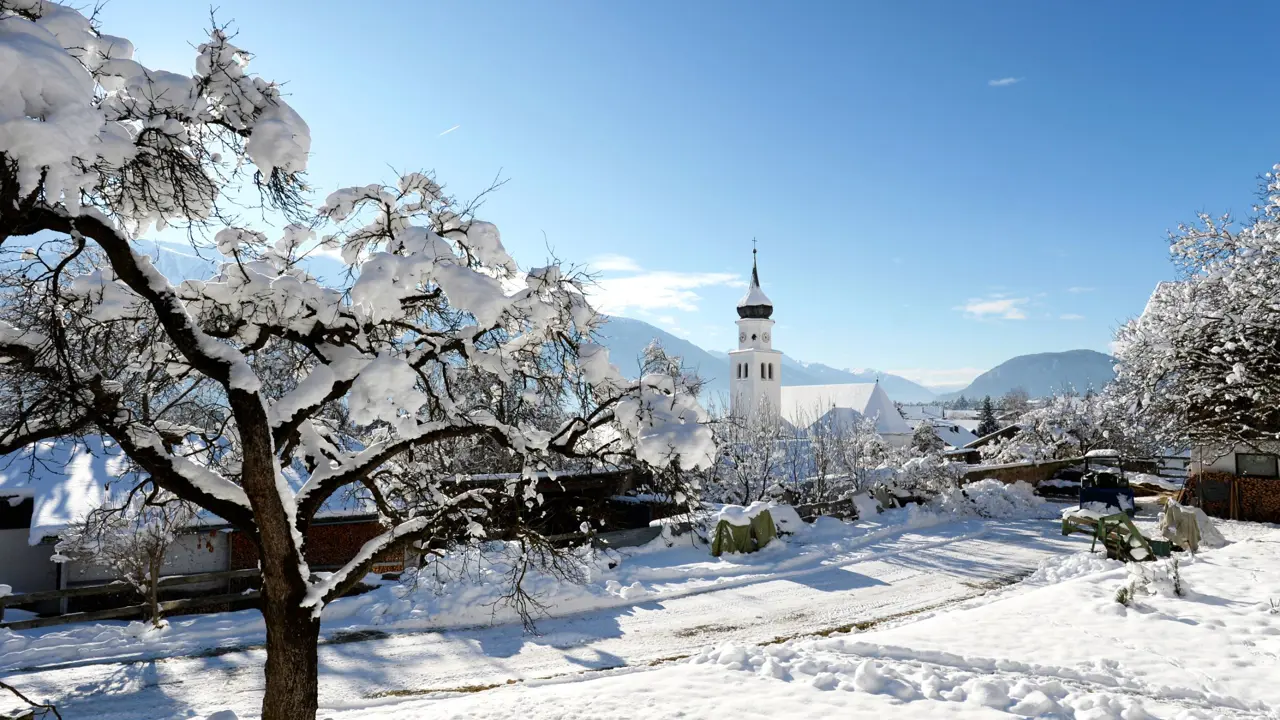 View of Seefeld village in thick snow. A leafless tree in the left forefront covered in snow, and a tall clock tower of a church slightly further away. All under a light blue sky