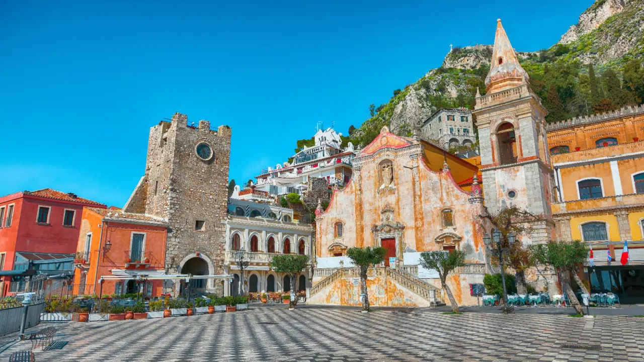 Belvedere of Taormina and San Giuseppe Church on Square Piazza IX Aprile, Taormina, Sicily, Italy