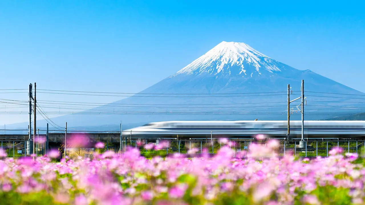 Bullet Train Passing By Mount Fuji