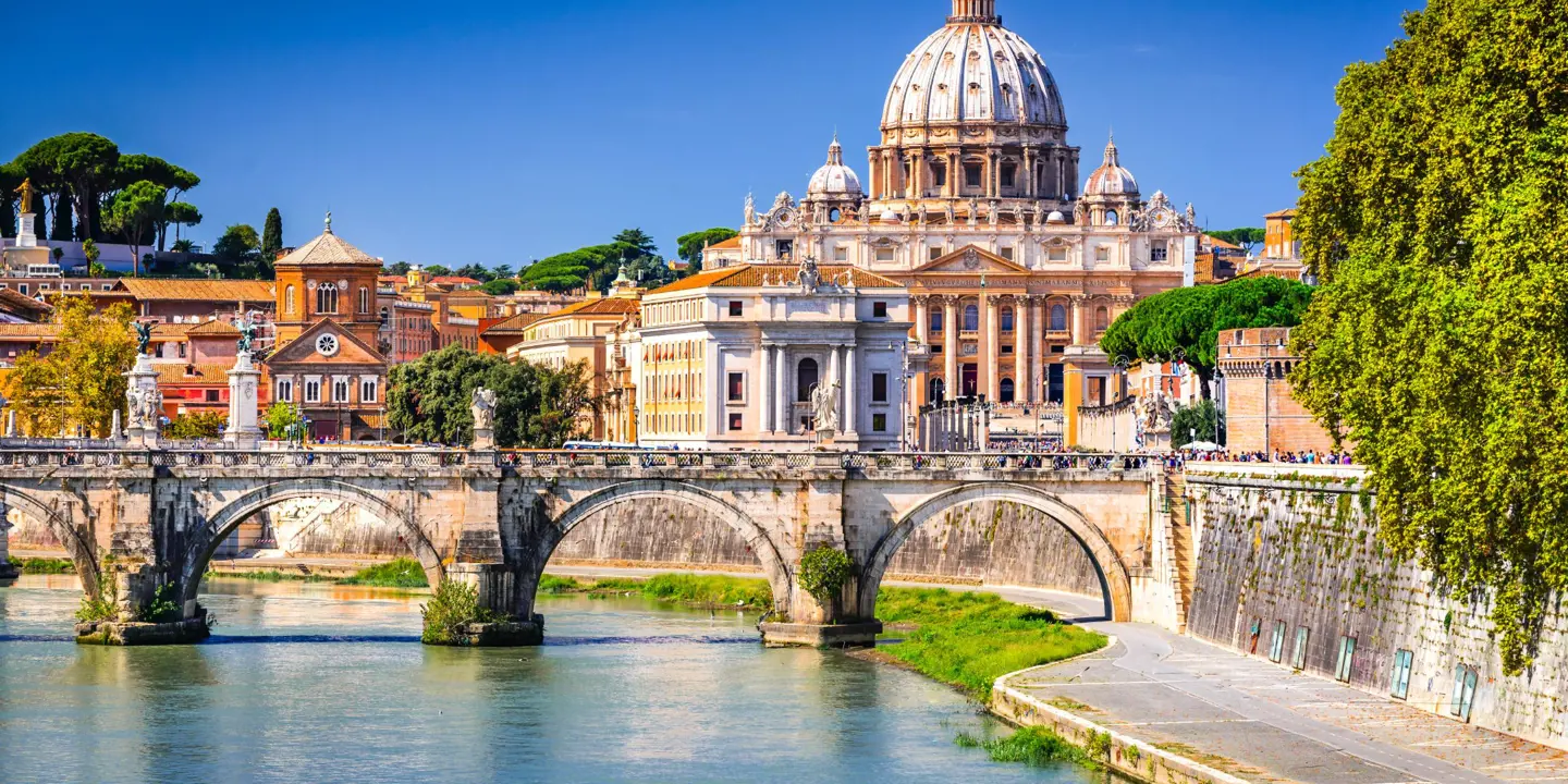 Vatican City, showing St. Peter's Basilica and Ponte Sant'Angelo bridge 