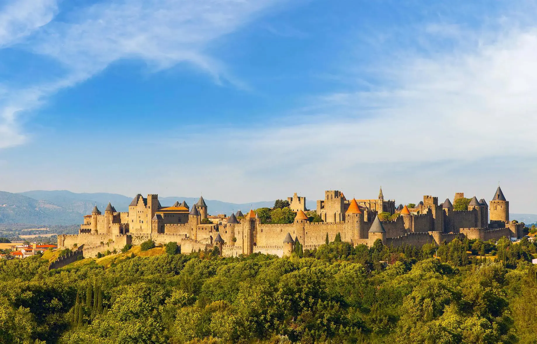 Wide view of the medieval Cité de Carcassonne fortress in France, surrounded by its historic stone walls and towers
