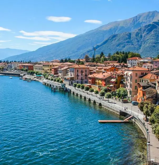 View of Como Town and its' waterfront, with mountains in the distance