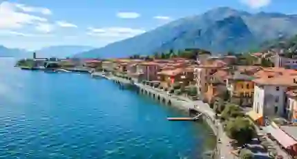 View of Como Town and its' waterfront, with mountains in the distance