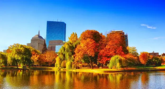 Colourful autumn foliage in Boston Common park, Massachusetts, with historic buildings and skyscrapers in the background