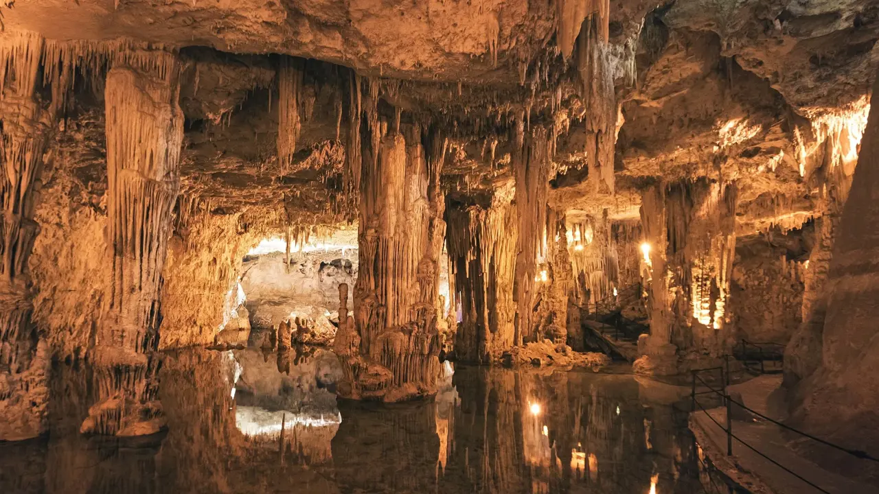 Inside the Caves Of Neptune, Sardinia, showing the icicle shaped rock formations
