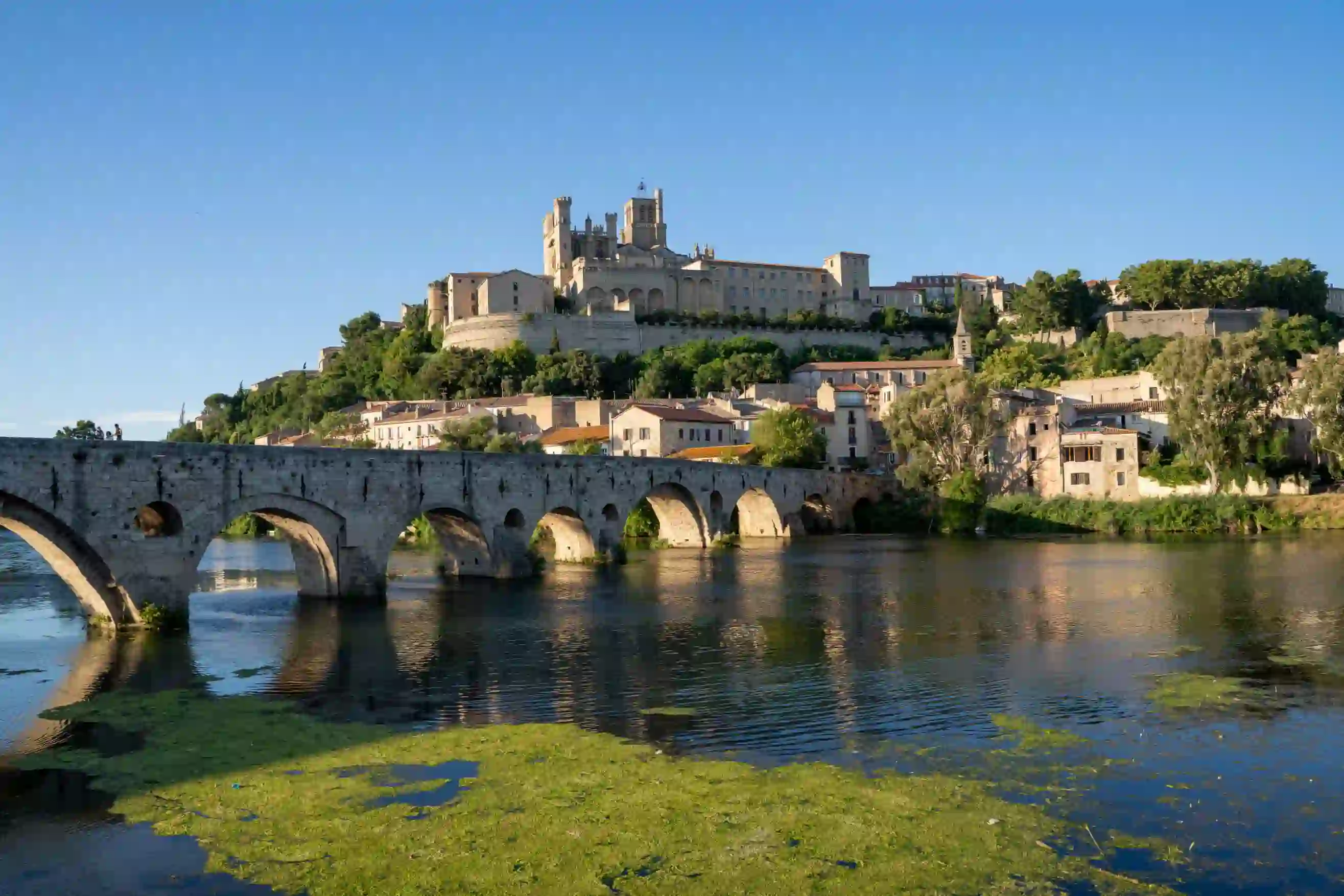 Bridge going over a river, with a castle on the top of the hill, and houses slightly lower down on the other side. Water in the forefront with some green algae on the surface.