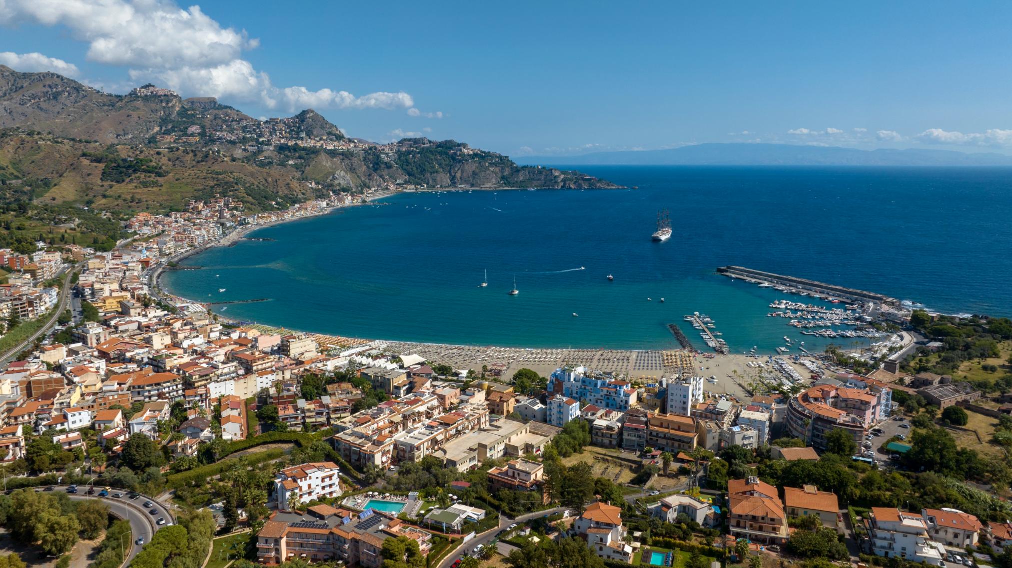 Aerial view of Giardini Naxos, Messina, Sicily, Italy
