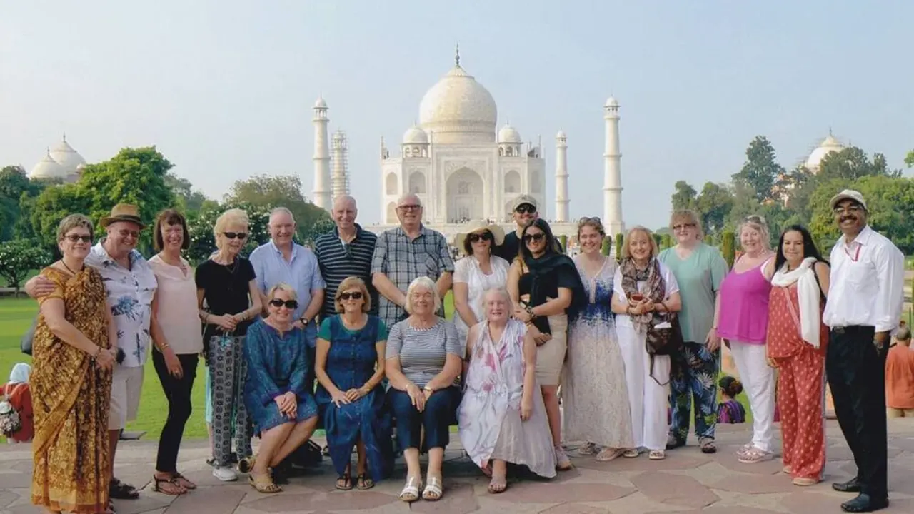 Newmarket Holidays group outside the Taj Mahal, India