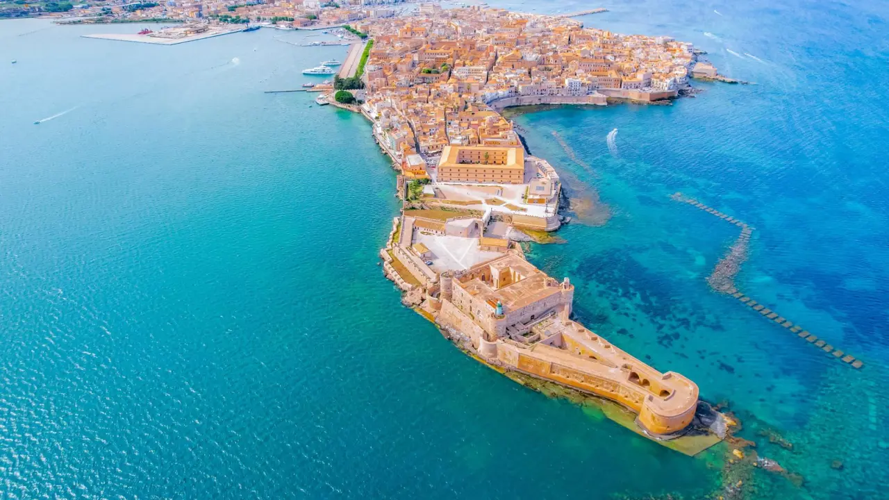  Aerial of Ortigia Island, Syracuse Old Town, Sicily, Italy