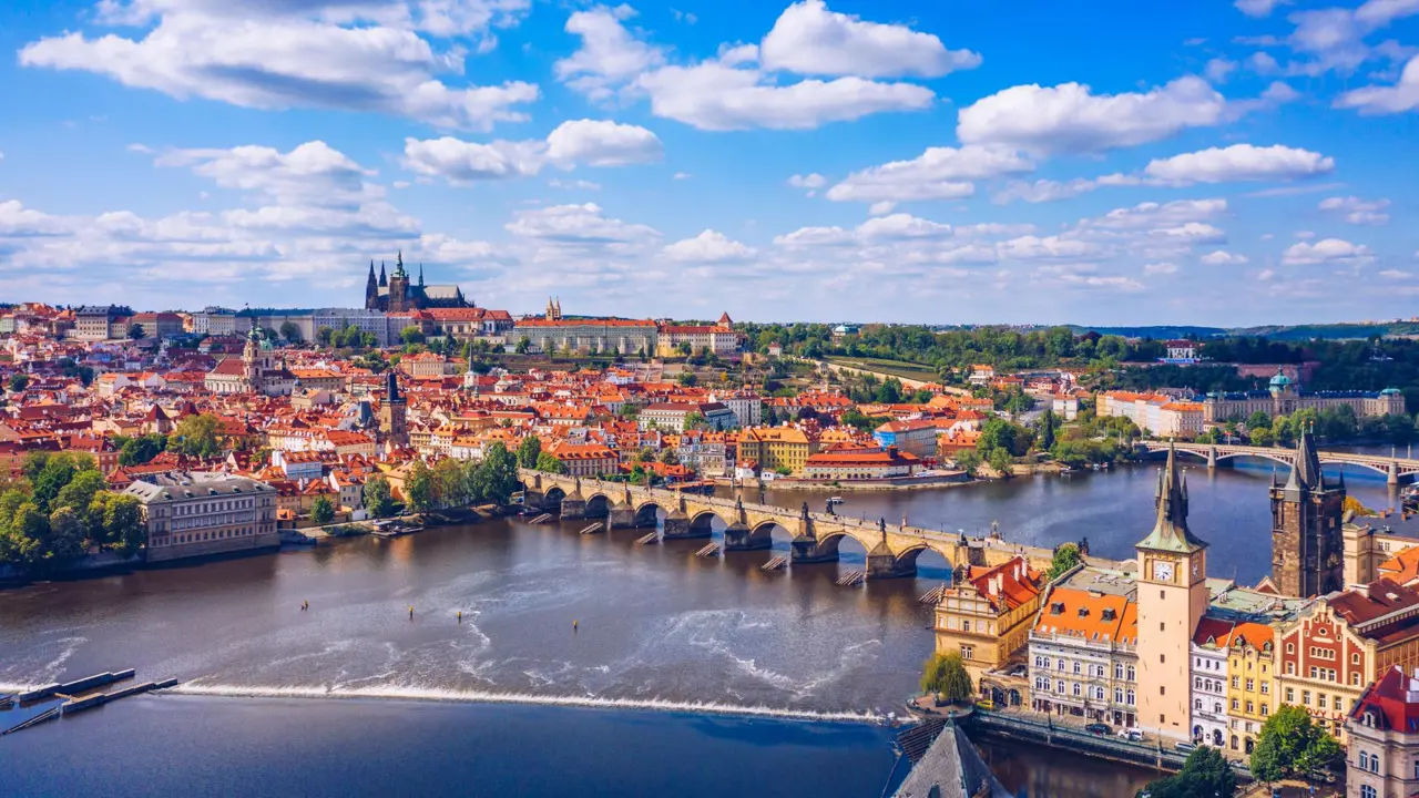 Charles Bridge over Vltava River with Castle in the background, Prague