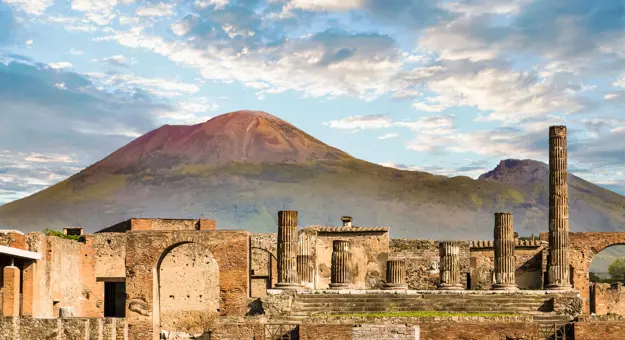 Pompeii ruins with Mt Vesuvias in the background