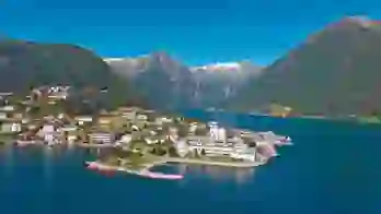 Town amongst the fjords of Norway and its mountains