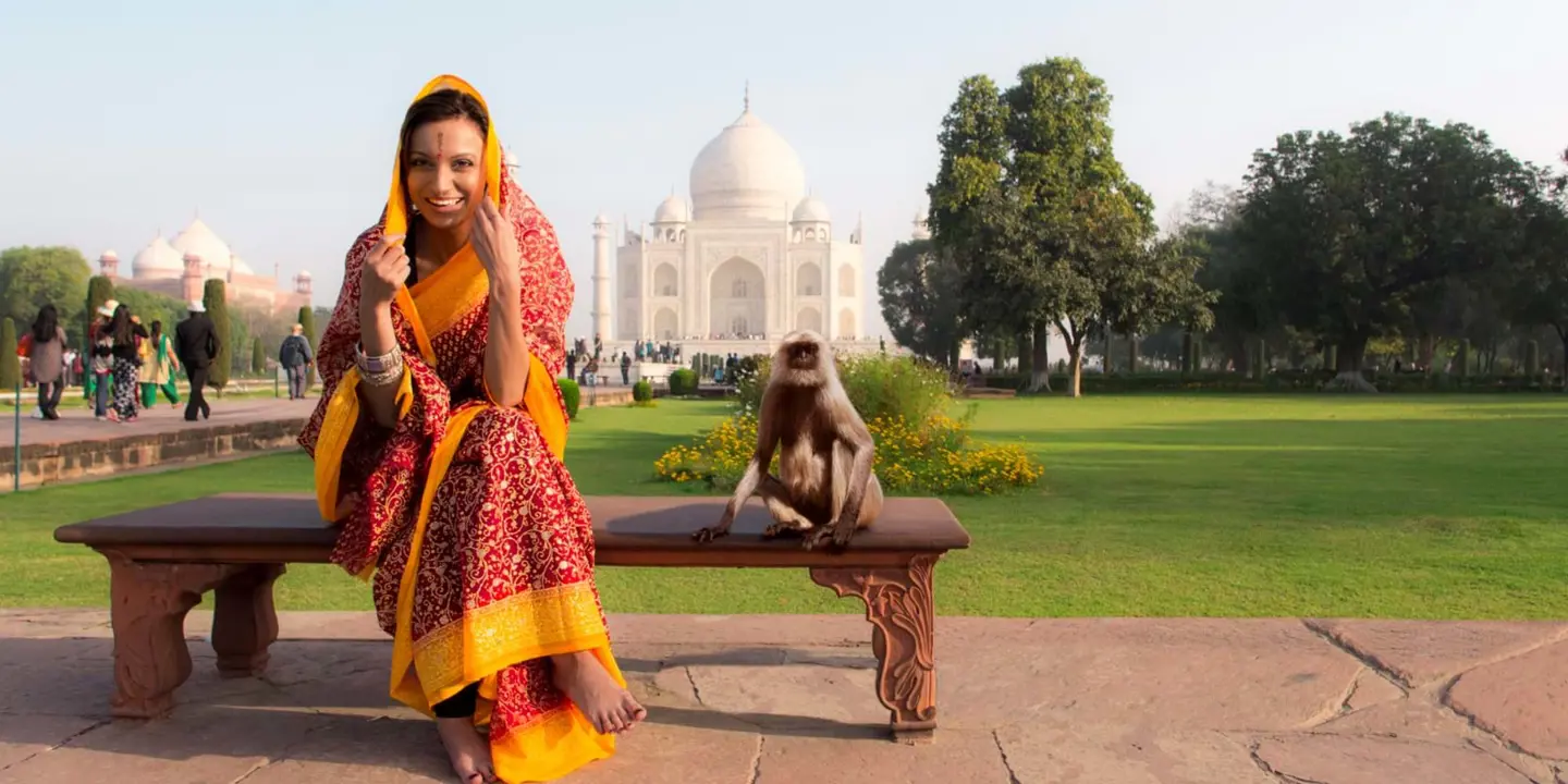 Woman with Monkey Outside Taj Mahal India