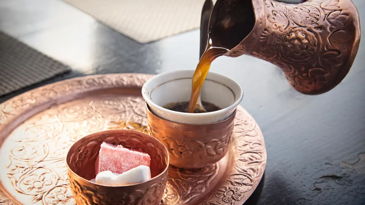 Sh 1214693131 Bosnian Coffee Served With Rahat Lokum Dessert