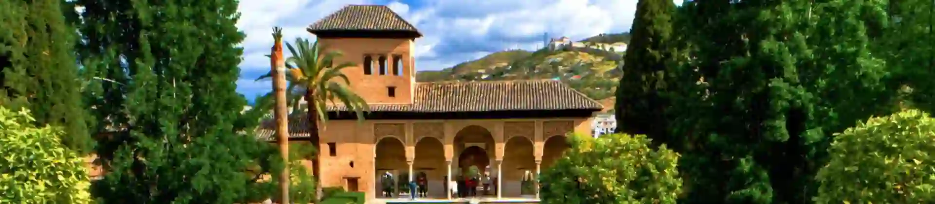 Ornate gardens and reflecting pools at the Alhambra Palace in Granada