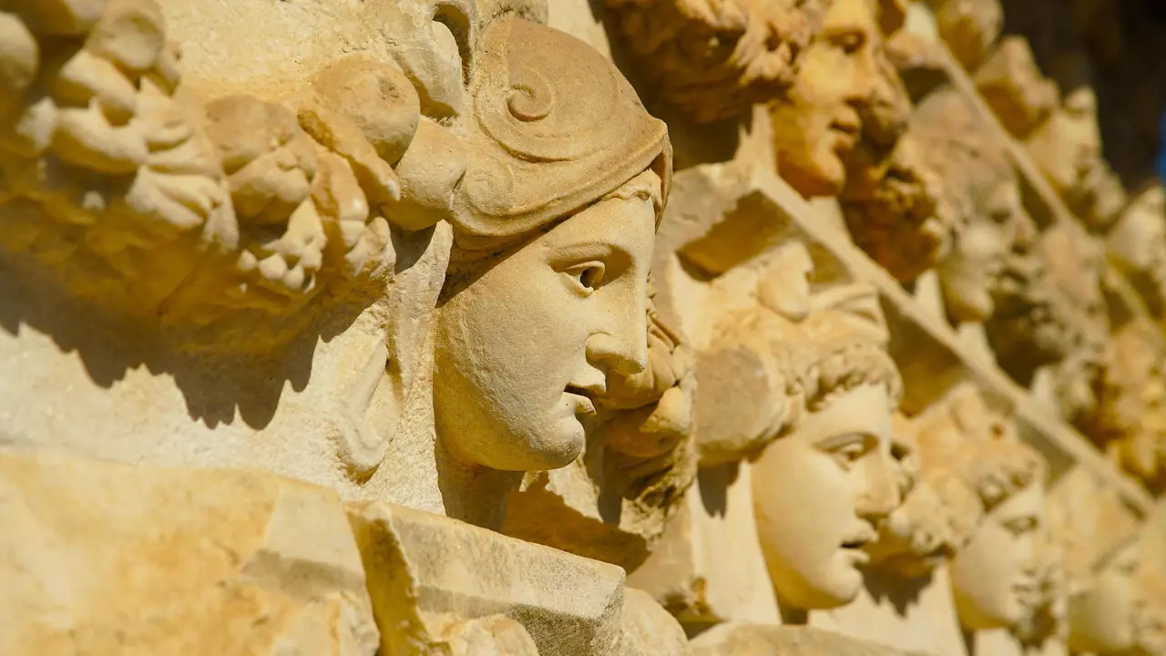 Ancient Mask Relief In Aphrodisias Ancient City In Geyre, Aydin, Turkiye