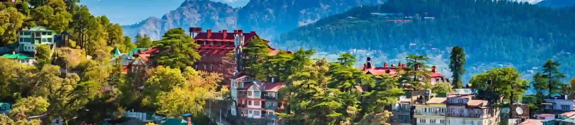 A panoramic view of Shimla, in the foothills of the Himalayas, with colourful hillside houses and pine forests set against the backdrop of snow-capped mountain peaks