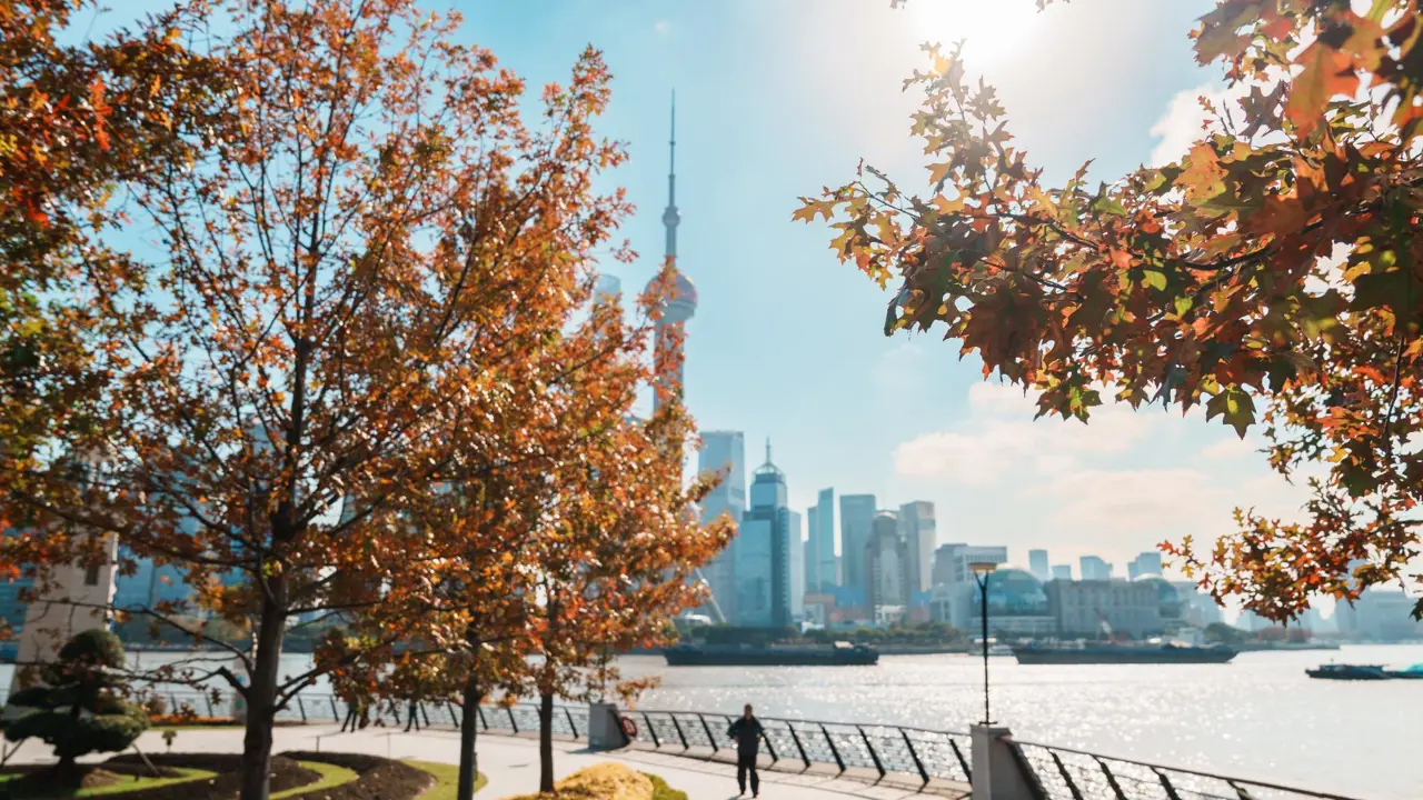 View of the financial district in Pudong across the Huangpu River from the Bund, Shanghai, China