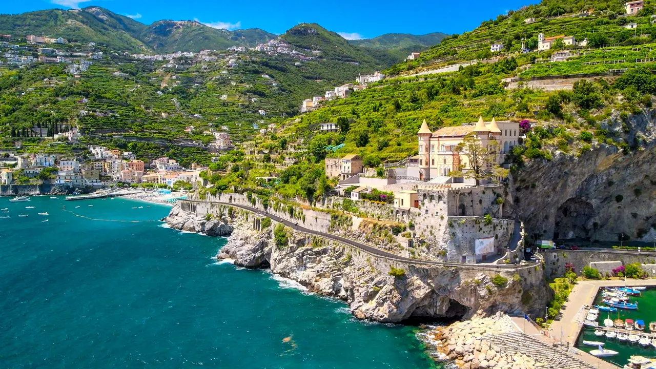 Aerial view of Maiori and Minori, Amalfi Coast, Campania, Italy