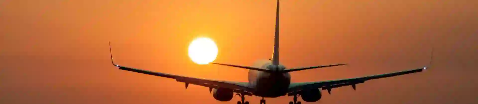 Airplane landing at sunset
