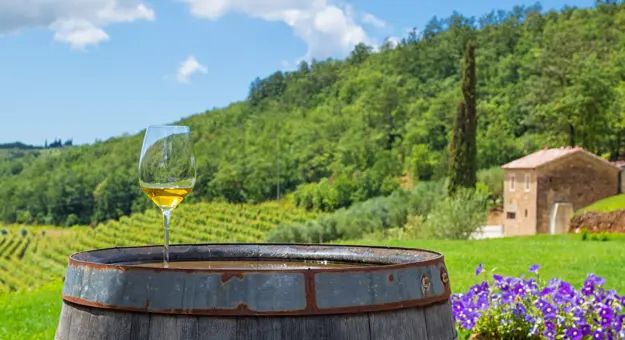 A glass of white wine on a wooden barrel, with a pot of purple flowers next to it on the right. Behind this is a field and mountainous landscape covered in trees. The sky is blue with some clouds.