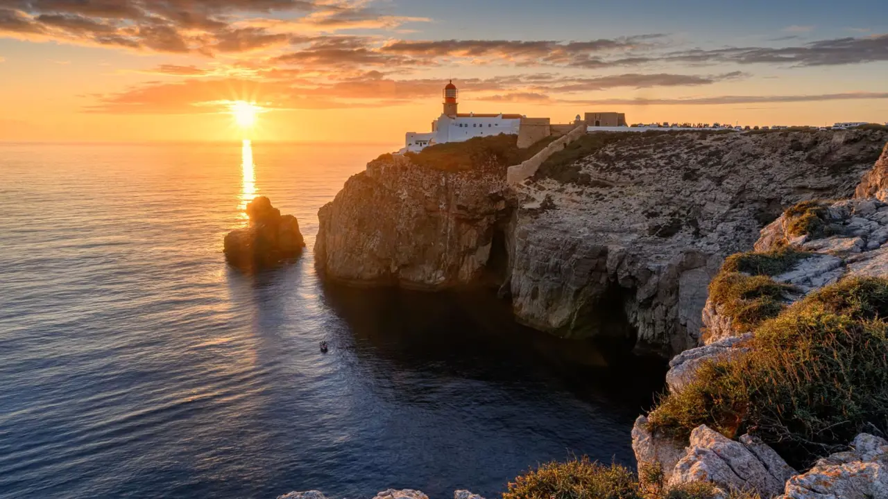 Lighthouse on the cliffs at Cape St. Vincent on the Algarve at sunset, with a colourful sky in the distance