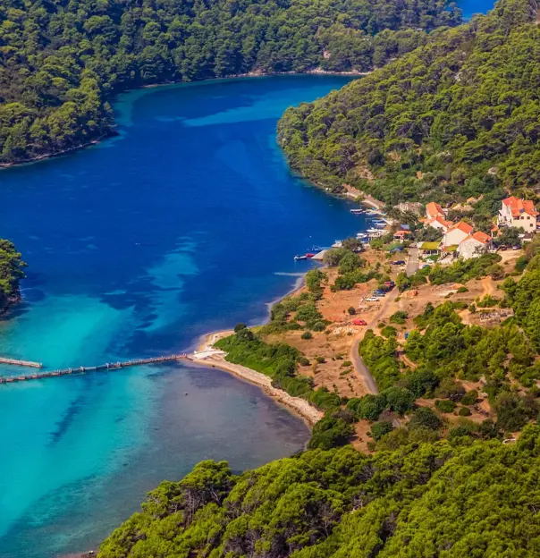 Aerial helicopter shoot of National park on island Mljet, Dubrovnik archipelago, Croatia.