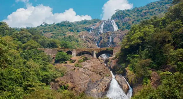Dudhsagar waterfall and railroad bridge, Goa
