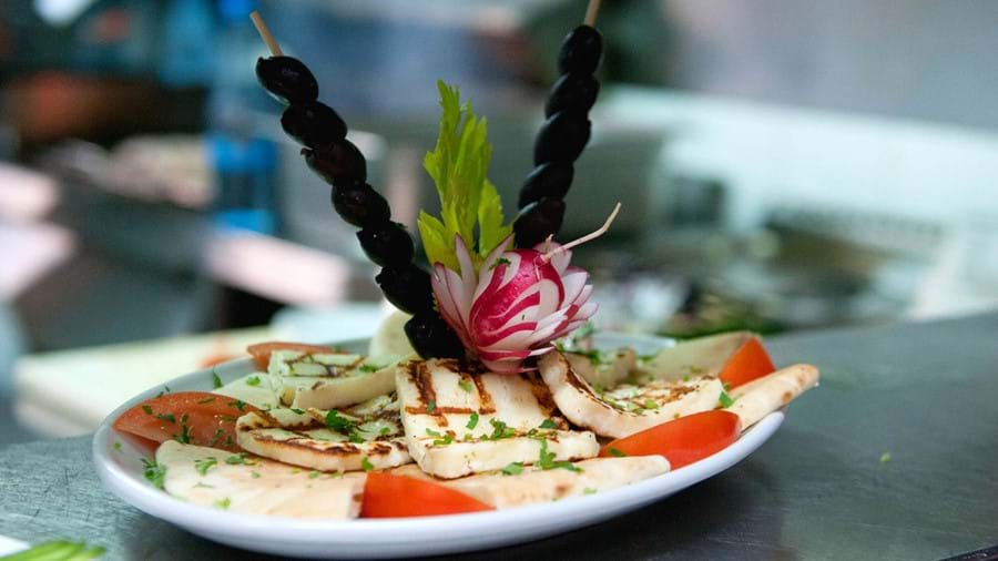 Close up of a dish of halloumi and tomatoes, topped with two skewers of olives, a radish cut into a flower shape, and herbs.