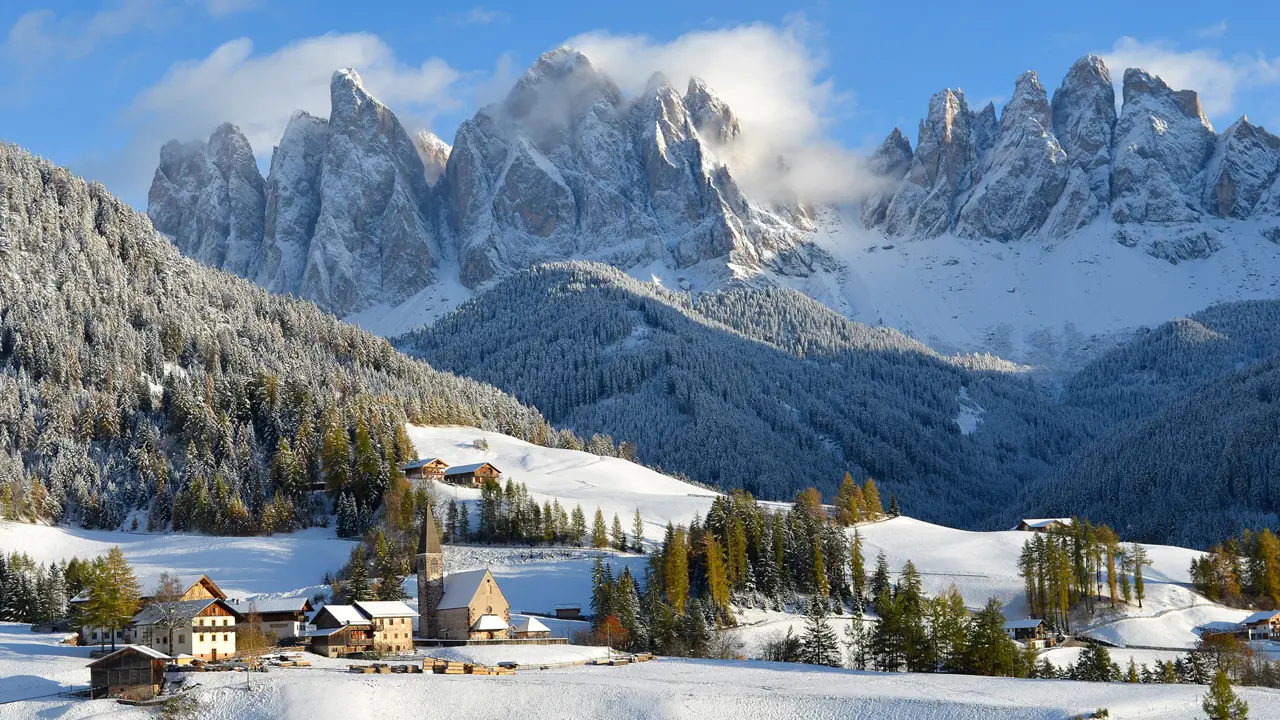 Dolomites in the snow in St Magdalena, Italy