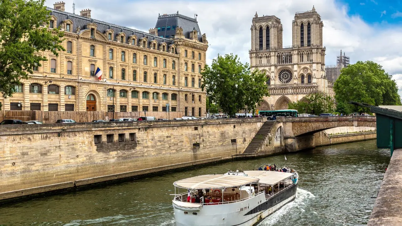 Seine River boat cruise and Notre Dame, Paris, France