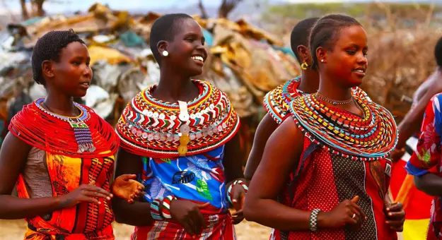 Samburu women in colourful traditional beadwork and clothing in Kenya