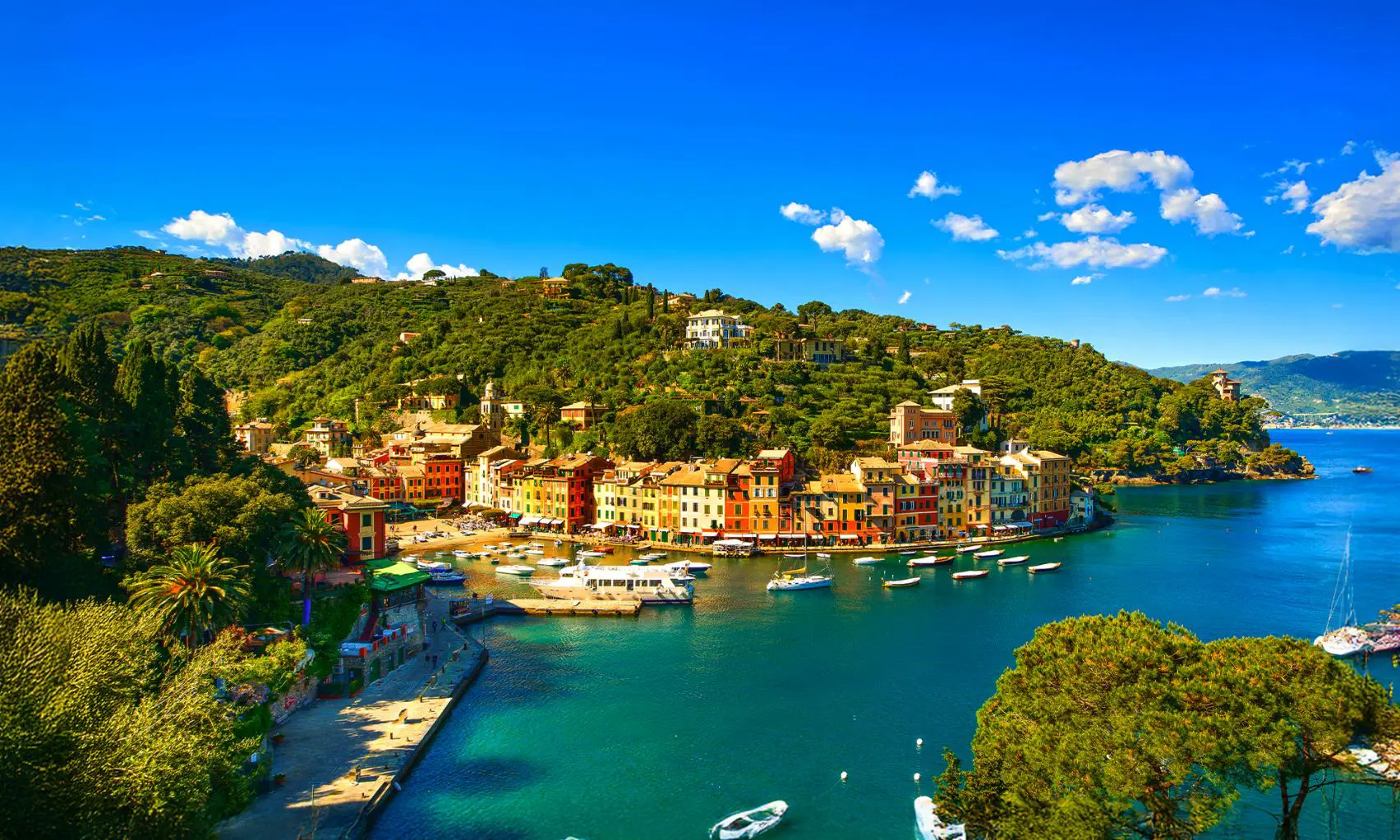 A scenic view of Portofino, Italy, with colourful buildings lining the harbour, boats floating in the clear blue water, and green hills rising in the background under a bright, sunny sky