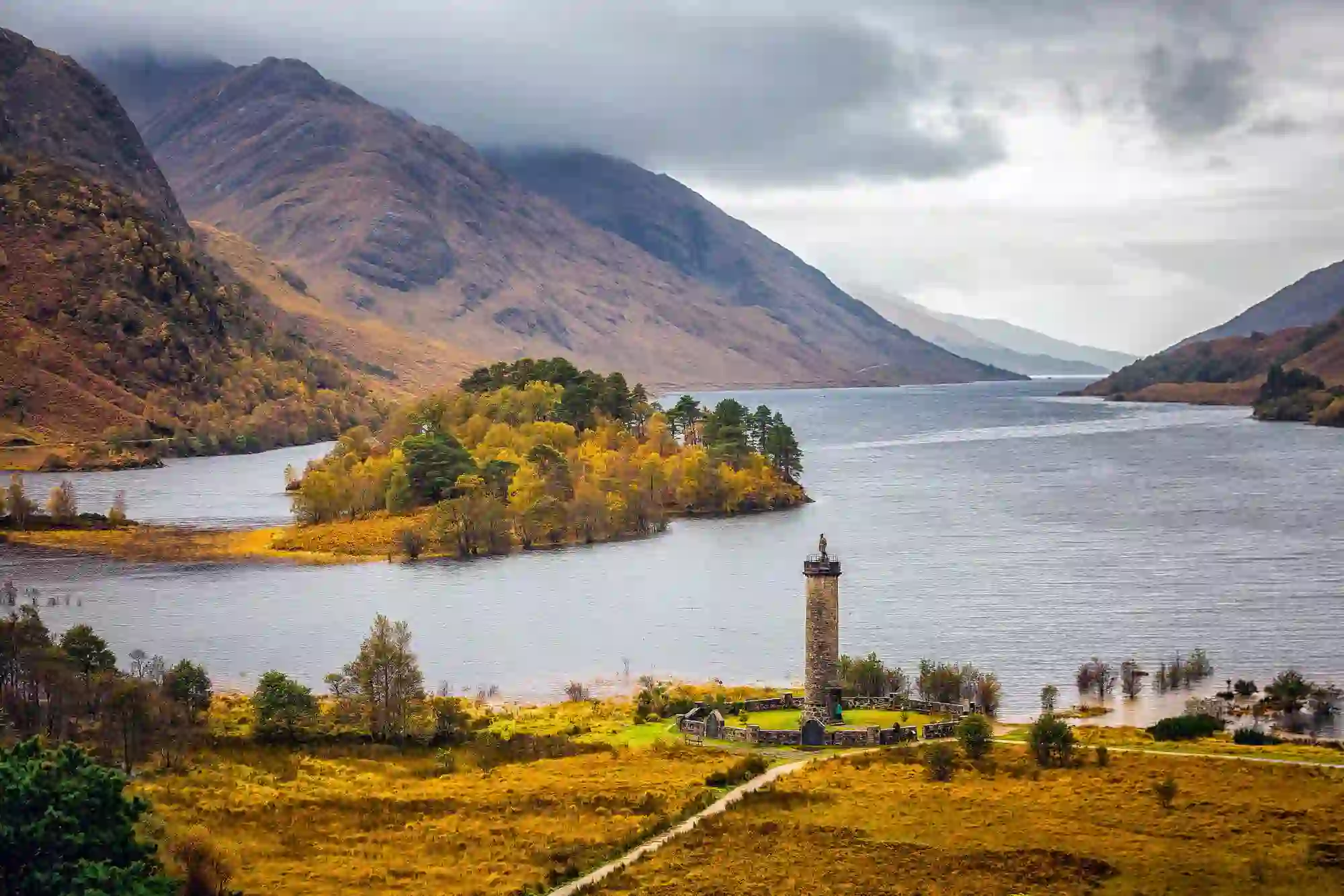 View of the Scottish Highlands and Loch Shiel, with the Glennfinnan Monument in the forefront 