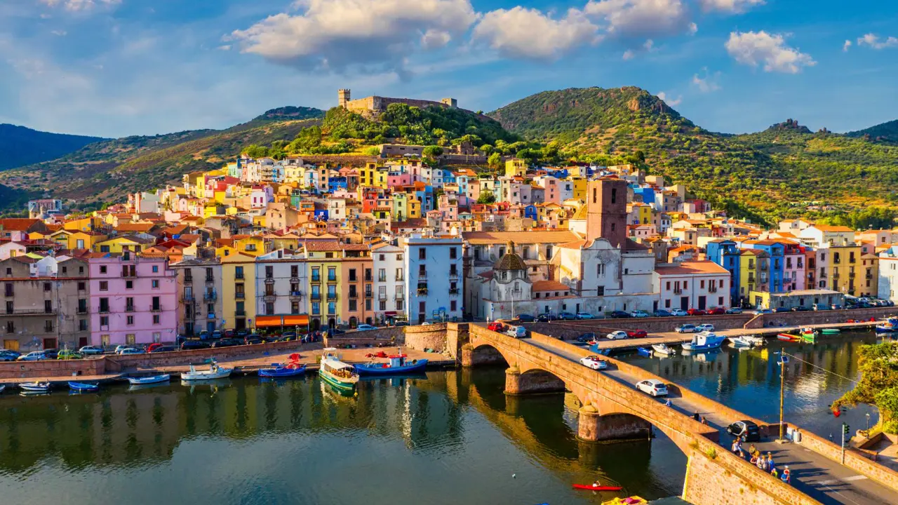 Bosa with coloured houses and medieval Malaspina Castle, Sardinia, Italy