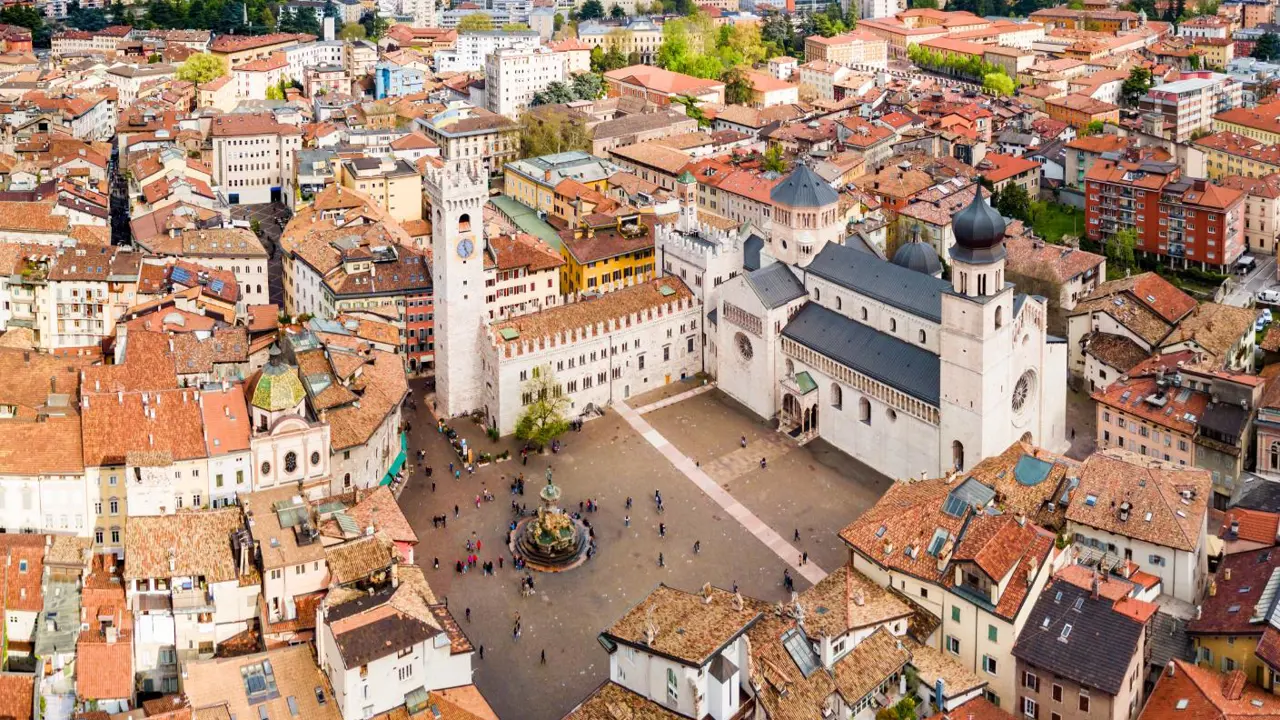 Aerial view of Trento cathedral or duomo, Trentino, Italy