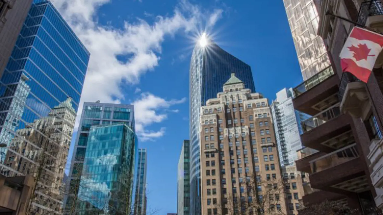 urban scene of Vancouver Canada, skyscraper showing various office buildings