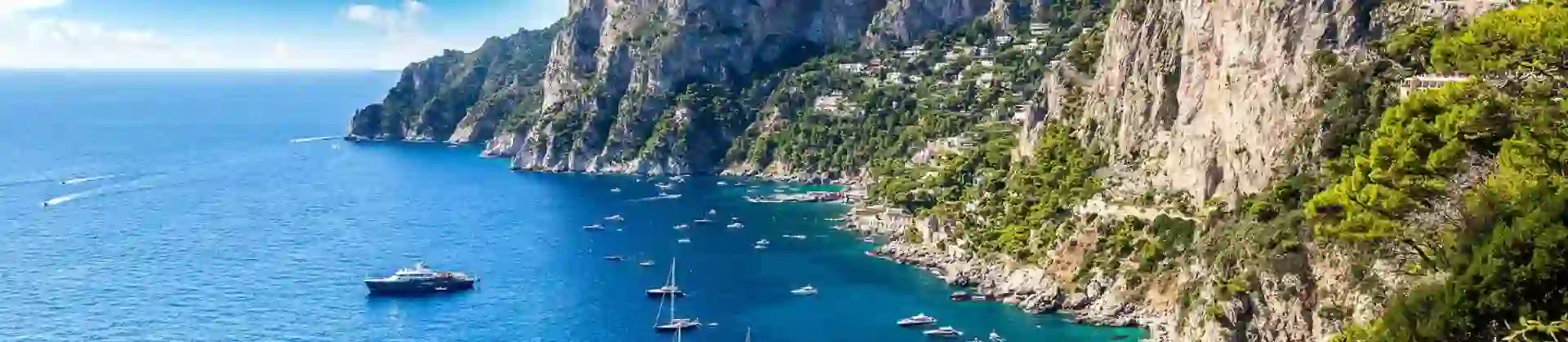 Speedboats and small yachts anchored in the turquoise waters beside Capri’s tree-covered cliffs