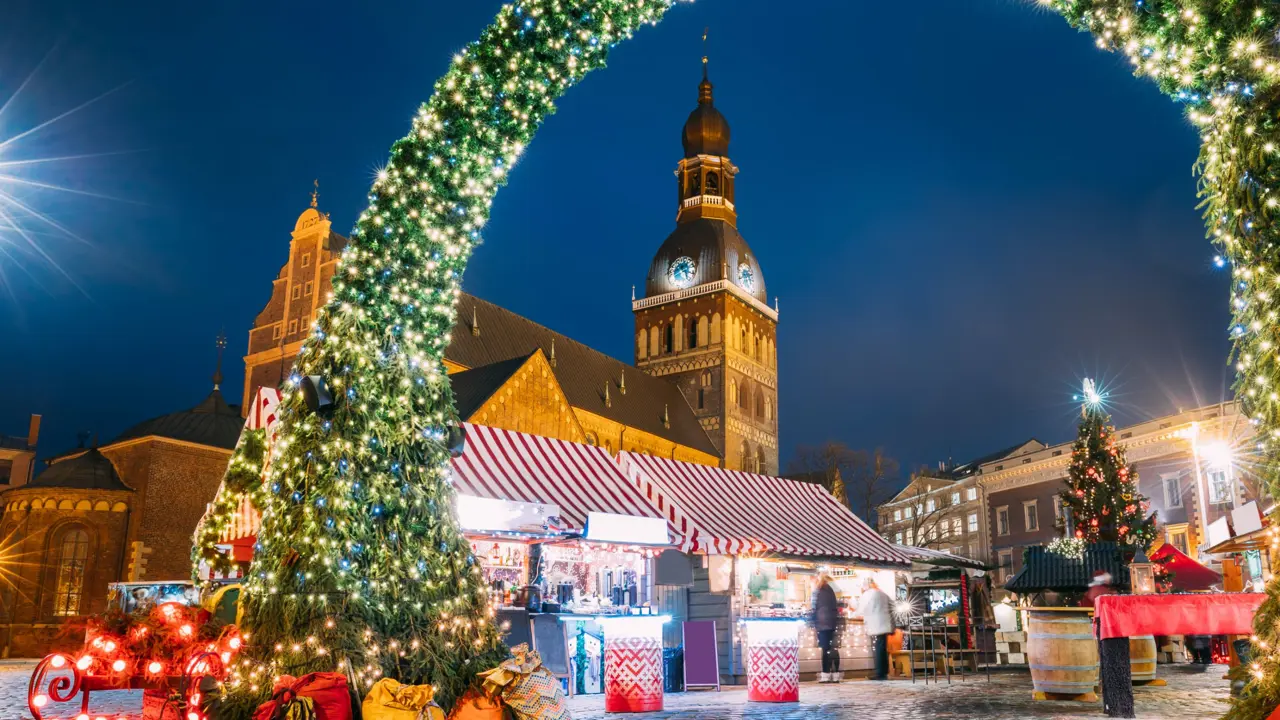 Riga Christmas Market with church in the background