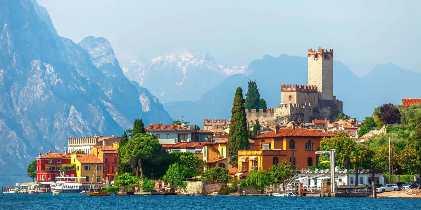 Buildings in Malcesine, Lake Garda with mountains in the distance