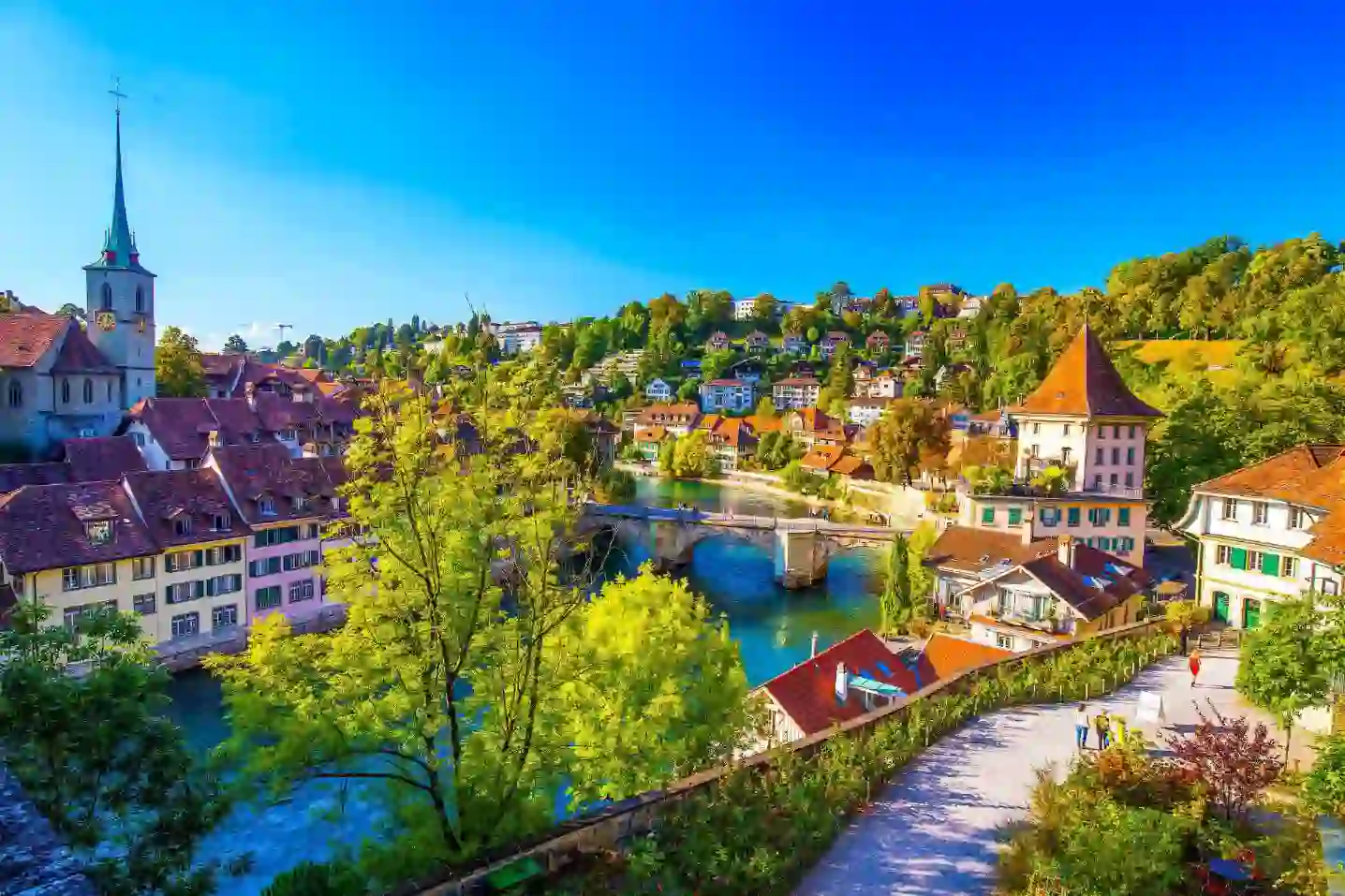 Panoramic view Bern, Switzerland, featuring the historic old town with its medieval buildings and the Aare River flowing through the city