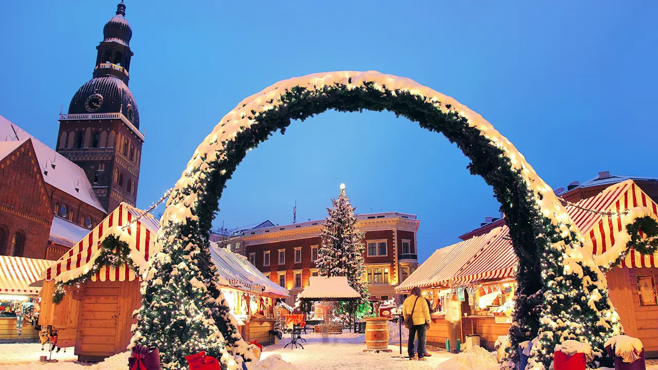 Riga Christmas Market covered with snow 