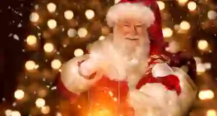 Santa holding a lantern and smiling, with a background of fairy lights