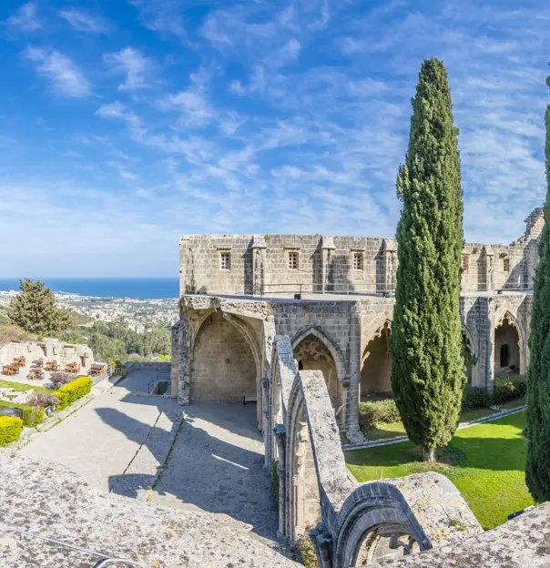Stone ruins to the right, with a grassy area in the middle with three tall slim trees. Opposite, to the left is more grassy area with a palm tree and bushes. Behind this is a distant view of a town and the ocean, and a blue sky above.