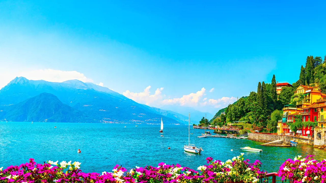 Colourful Houses In Lake Como over looking the sea and mountains