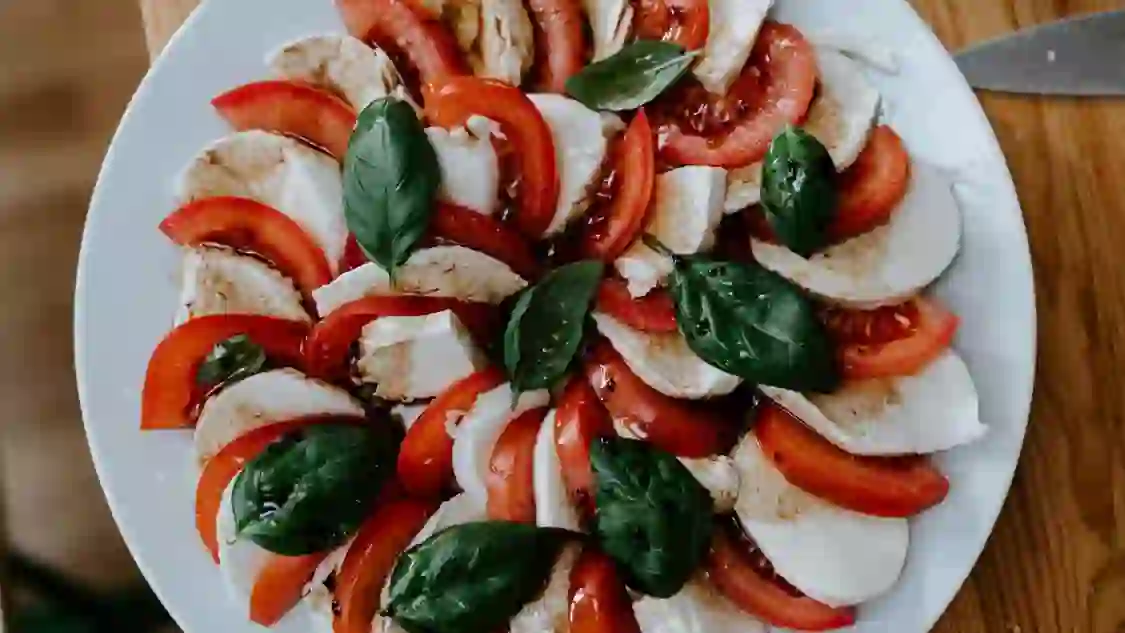 Close up of a caprese salad 