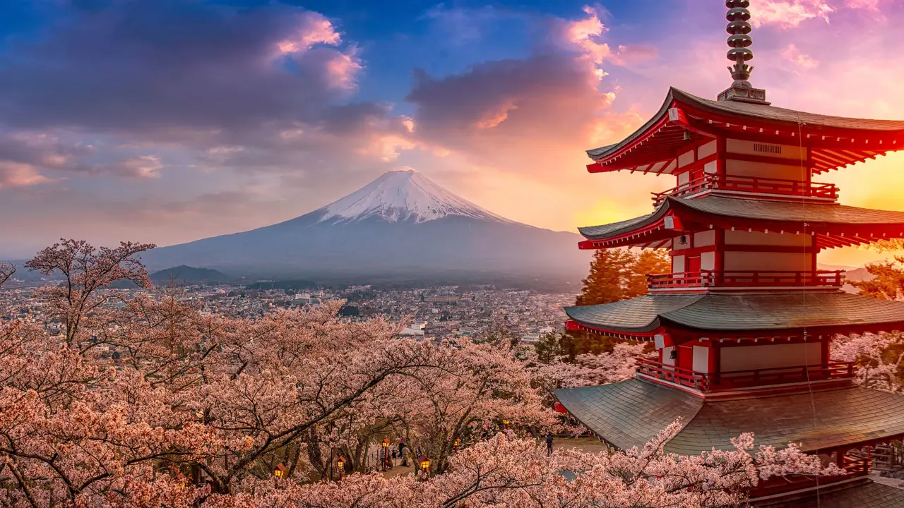 Mount Fuji And Chureito Pagoda At Sunset