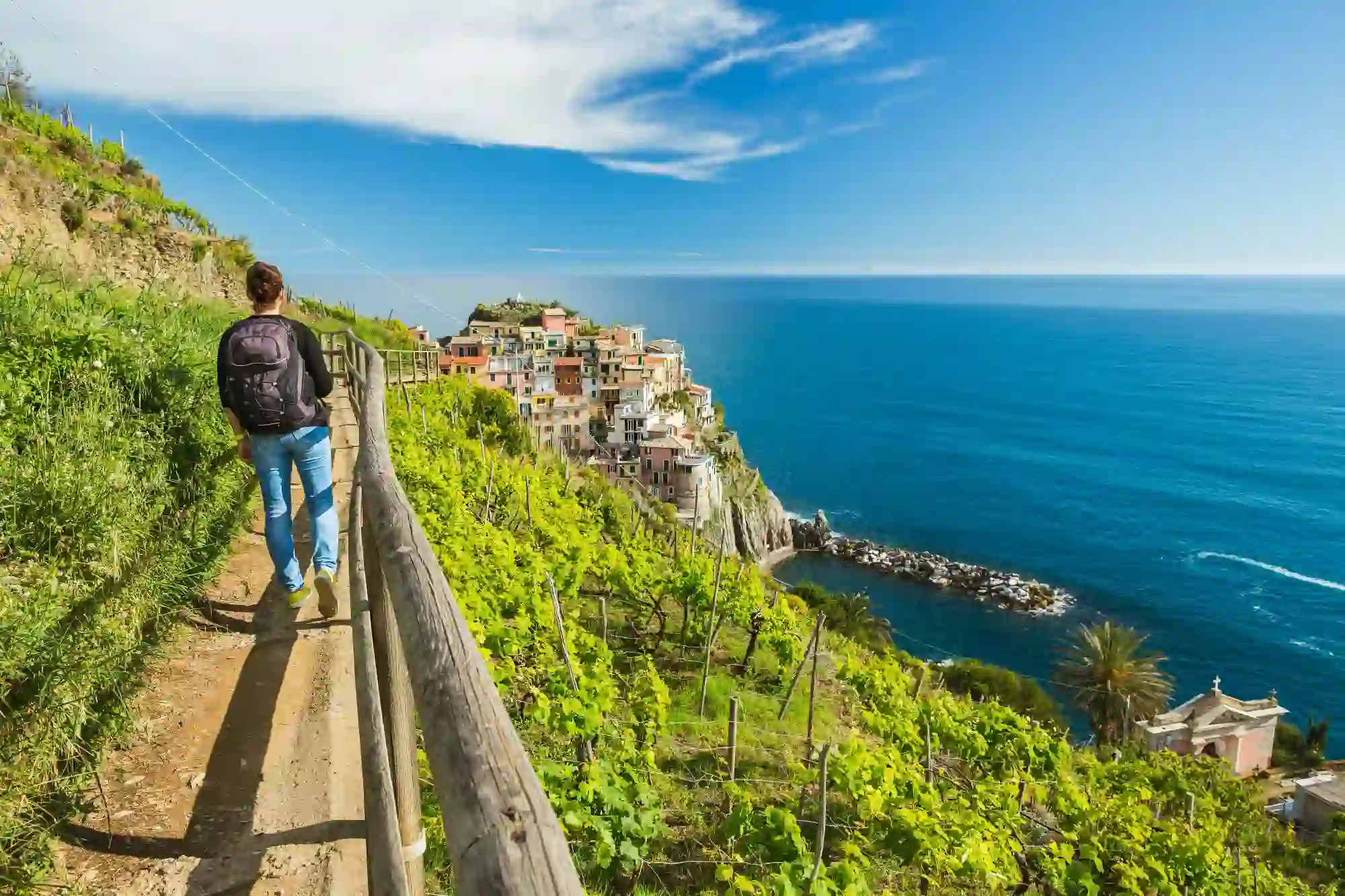 Back of a man hiking in Clinque Terre, on the side of a mountain by the sea