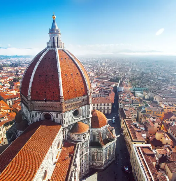 Bird's eye view of Cathedral of Santa Maria del Fiore and the city of Florence, Italy