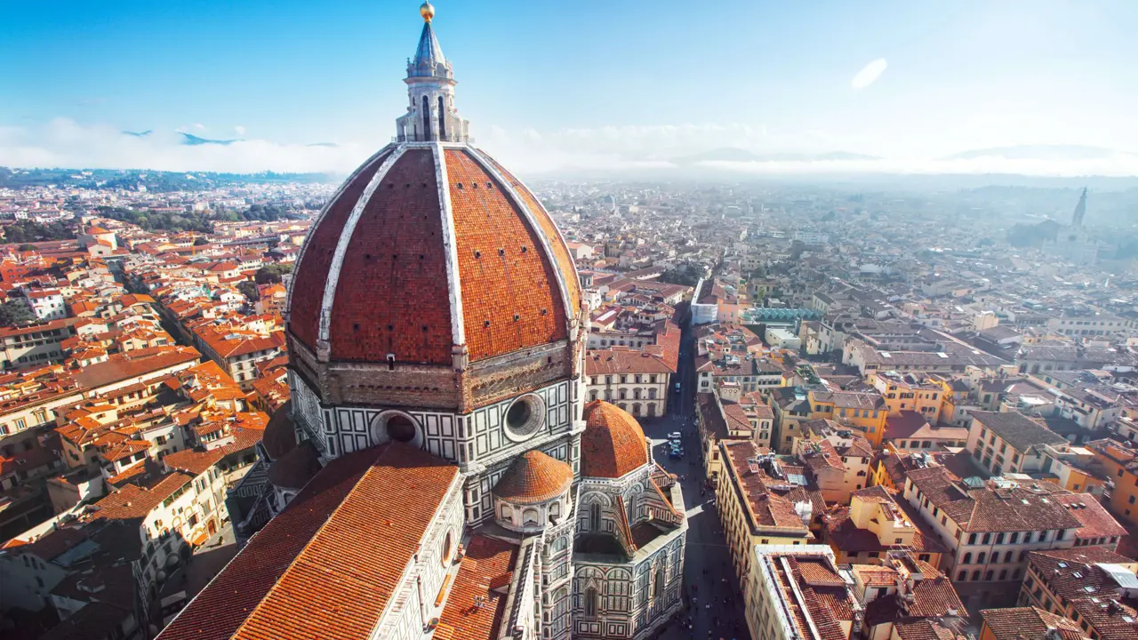 Bird's eye view of Cathedral of Santa Maria del Fiore and the city of Florence, Italy